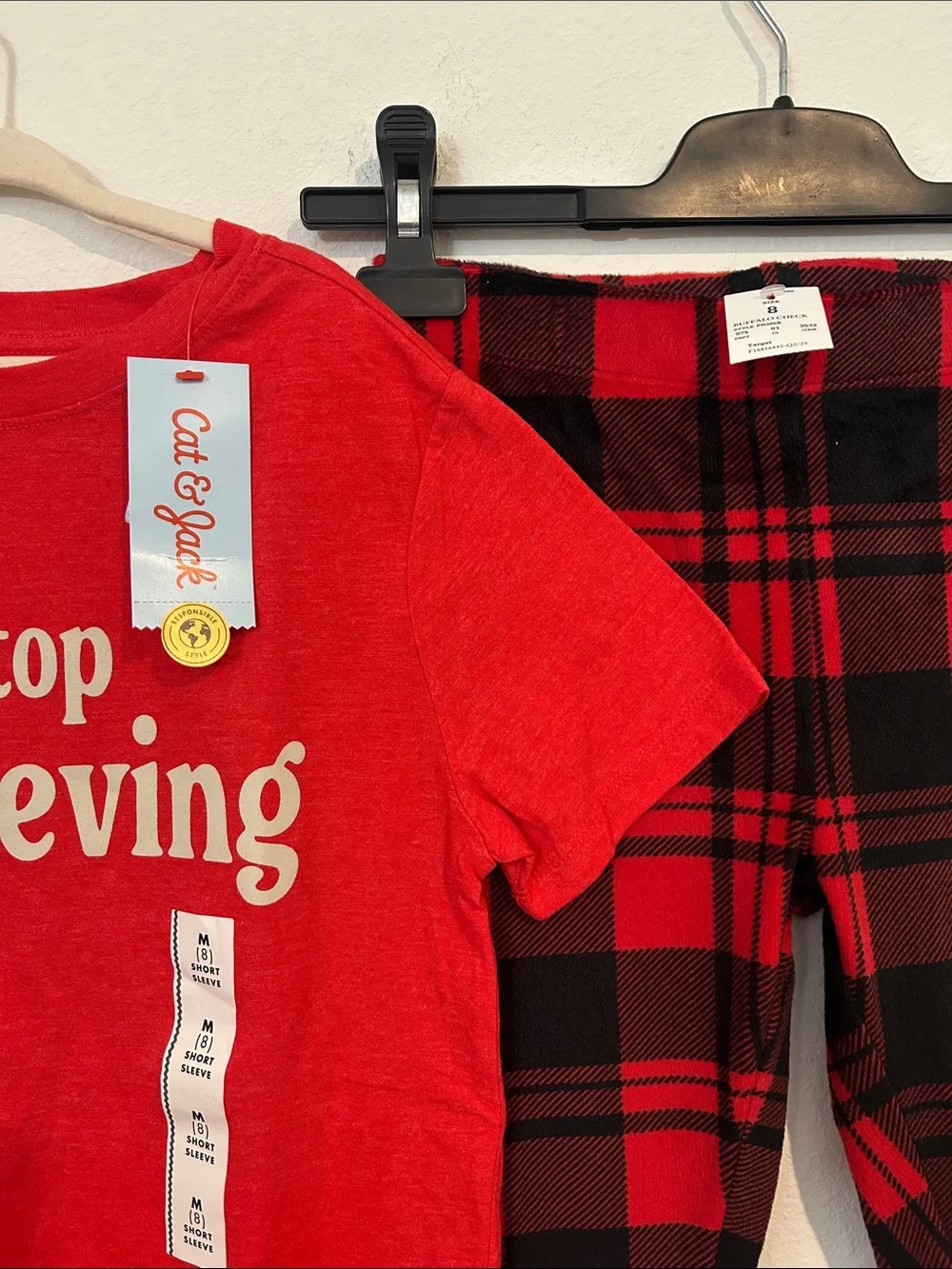 Cat & Jack Red Graphic Tee and Red Black Plaid Leggings Set